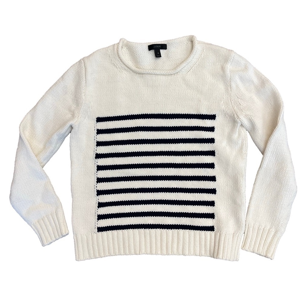 J Crew Rollneck Pullover Sweater Navy Blue White Stripe XS Coastal Nautical - Picture 1 of 5